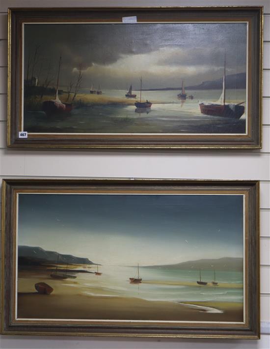 N Bradley Carter, pair of oils on canvas, Grey Dawn at Sandown, Isle of Wight, signed, 45 x 80cm